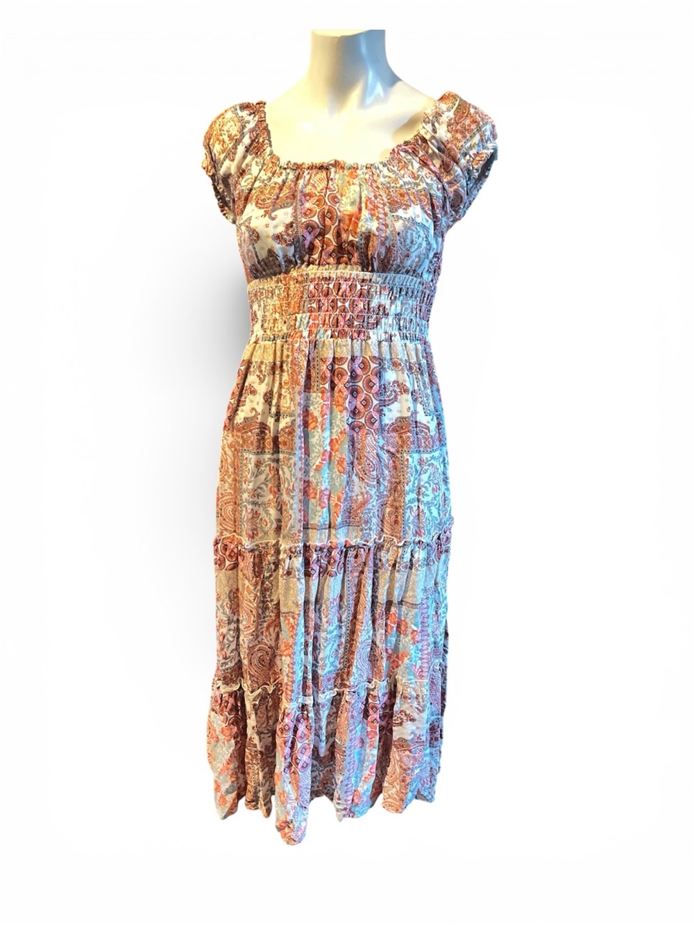 Smocked Paisley Midi Dress in Cream and Pink